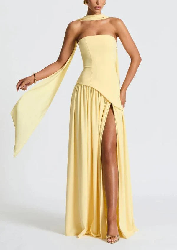 Serena – Strapless Ribbon Maxi Dress with Side Slit