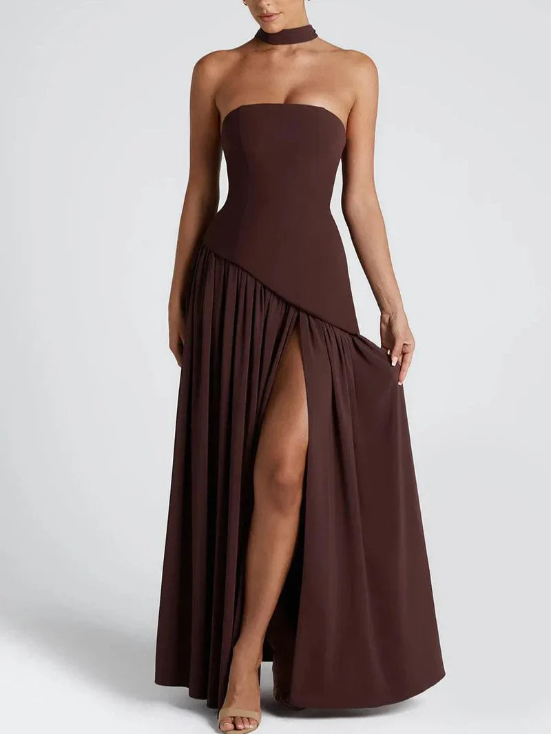 Serena – Strapless Ribbon Maxi Dress with Side Slit