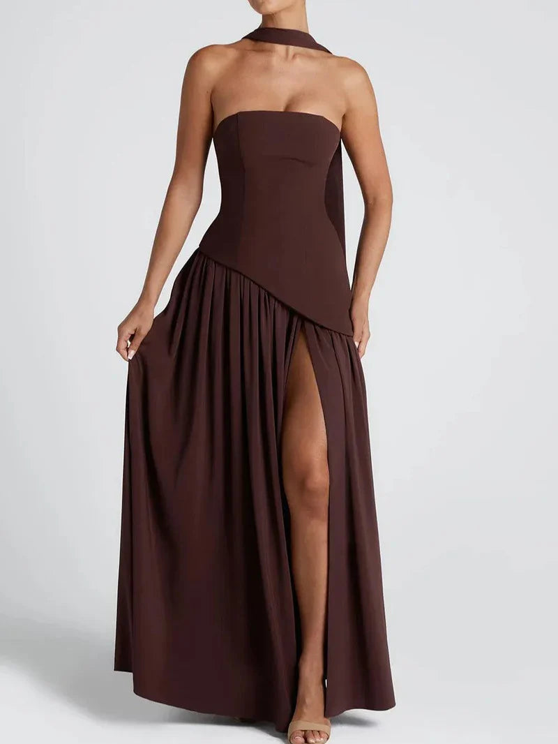 Serena – Strapless Ribbon Maxi Dress with Side Slit