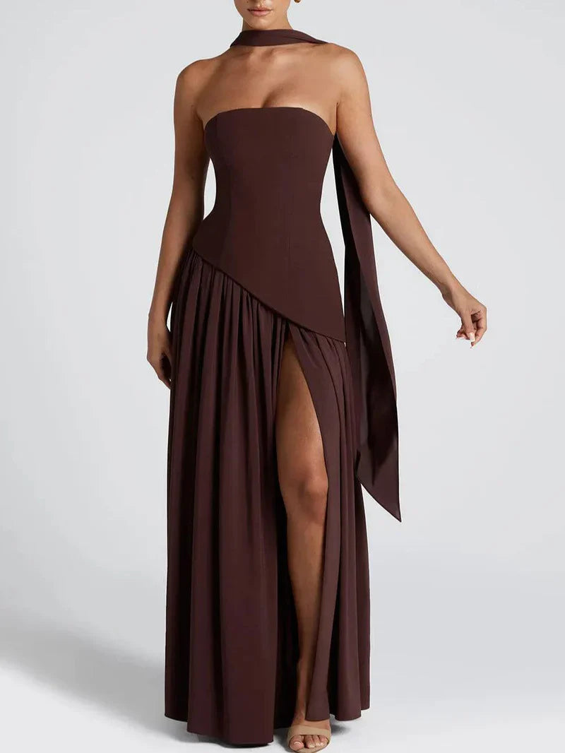 Serena – Strapless Ribbon Maxi Dress with Side Slit
